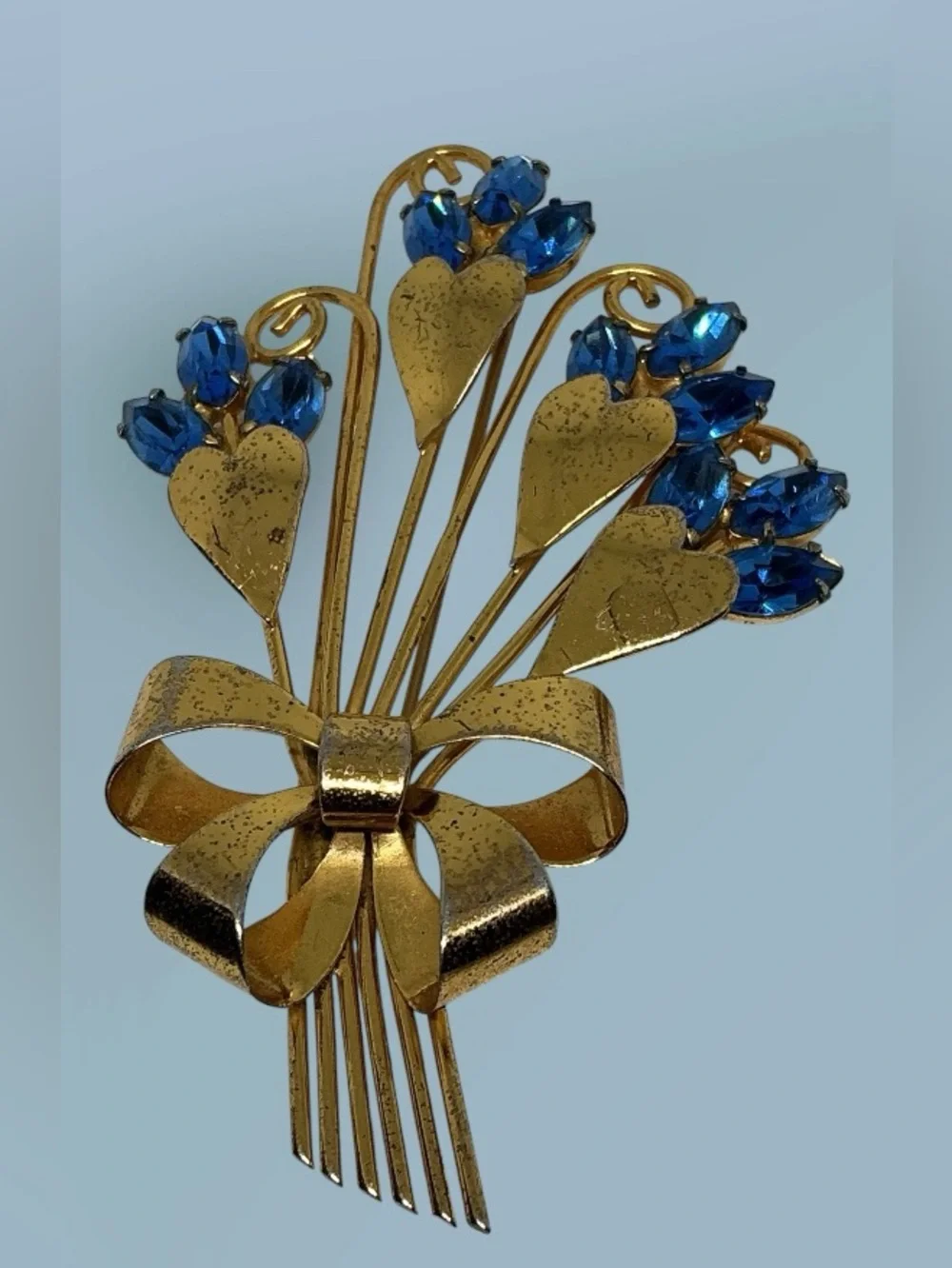 “Vintage Sterling Silver Vermeil Flower Bouquet Bow Brooch Blue Rhinestones